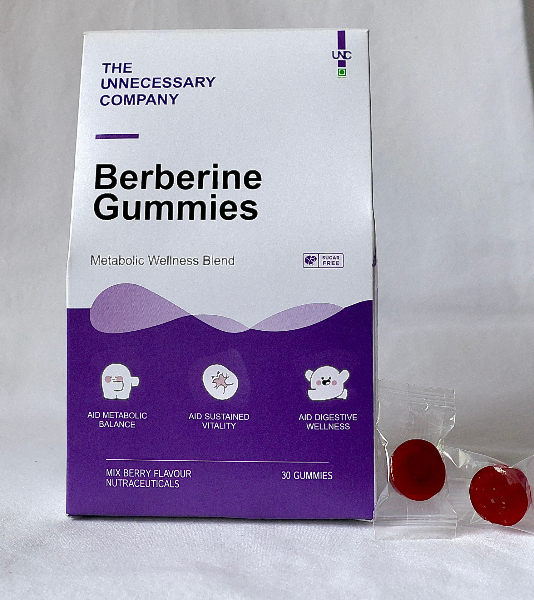 Berberine Gummies pack with two individually wrapped mix berry gummies